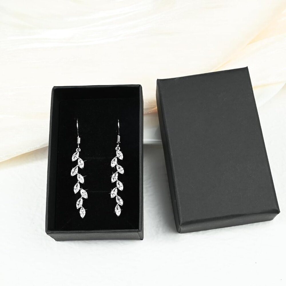 Handmade Silver Leaf Earrings Crystal Wedding Dangle Earrings for Brides Bridesm - Picture 8 of 8